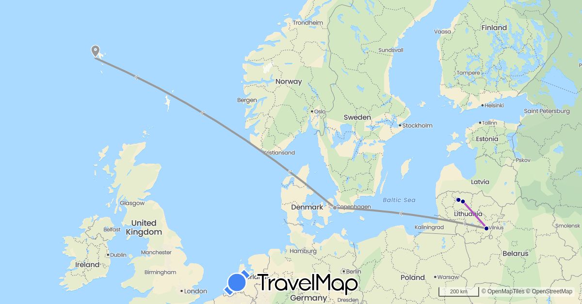 TravelMap itinerary: driving, bus, plane, train in Denmark, Faroe Islands, Lithuania (Europe)